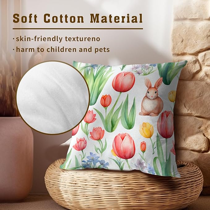 Easter Day Throw Pillow Covers - Sping Bunny Pillow Covers 20x20 Inch Set of 2 Floral Rabbit Pillowcase Colored Tulip Flower Cushion Cover for Couch Sofa Garden Patio