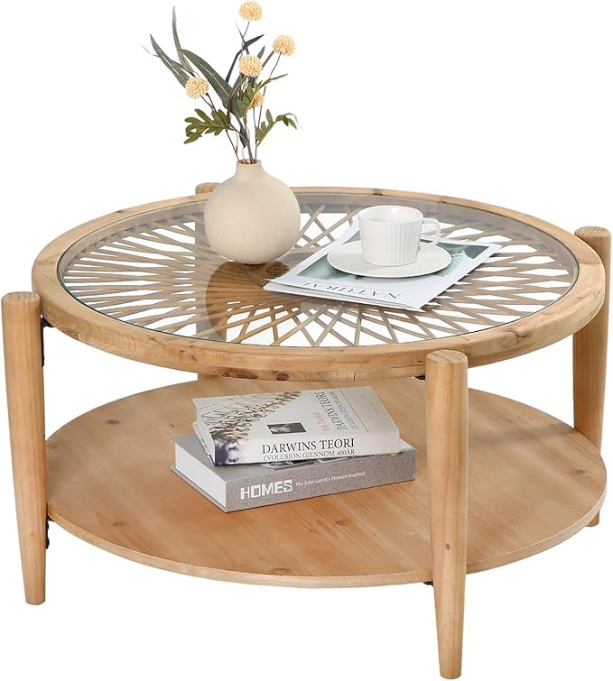 RUSTOWN Rattan Coffee Tables,2-Tier Round Boho Cocktail Tables, Mid Century Modern Coffee Table with Rattan & Tempered Glass Top and Wood Legs, Sofa Table for Living Room(Natural)