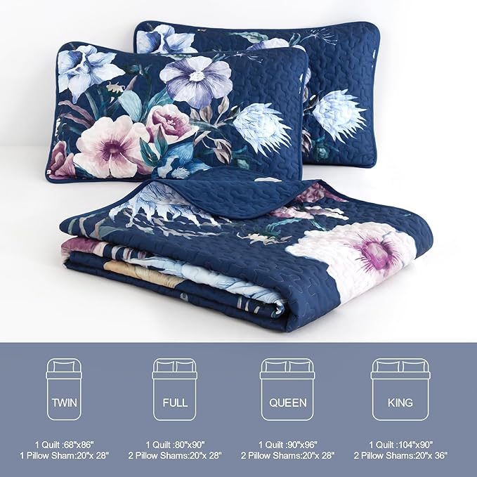 Drucon Blue Floral Quilt Set King Size 3 Pieces Blue Botanical Flower Quilt Coverlet Set Soft Microfiber Lightweight Quilted Bedspread for All Season 104"x90"