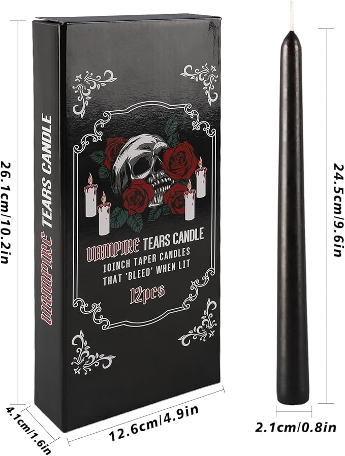 12PCS 10-Inch Black Bleeding Taper Candles,Vampire Tears Taper Candles- Unscented Ideal for Halloween, Christmas, Rituals, and Themed Party Decor