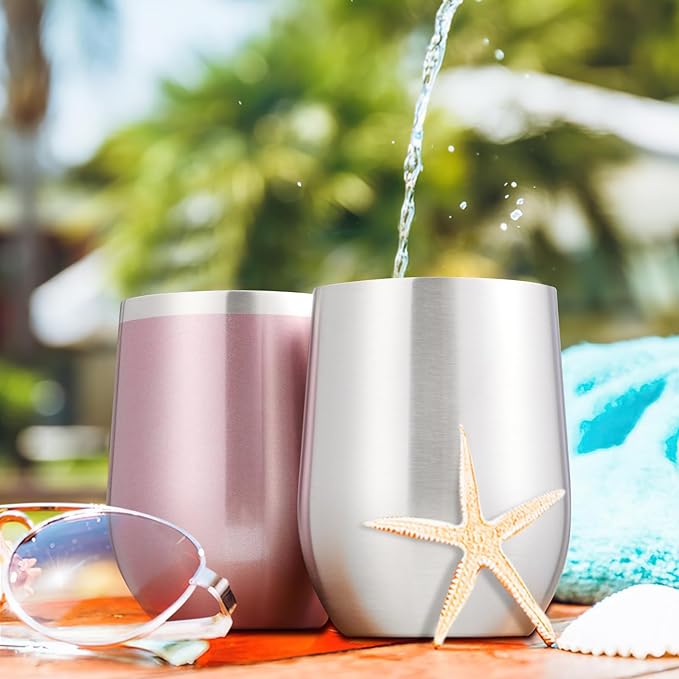 COMOOO 12oz Wine Tumbler with Lid and Straw, Insulated Wine Tumbler Cup, Stainless Steel Wine Glass Tumbler Stemless for Hot and Cold Drinks,Champagne,Cocktails, For Women, Rose gold