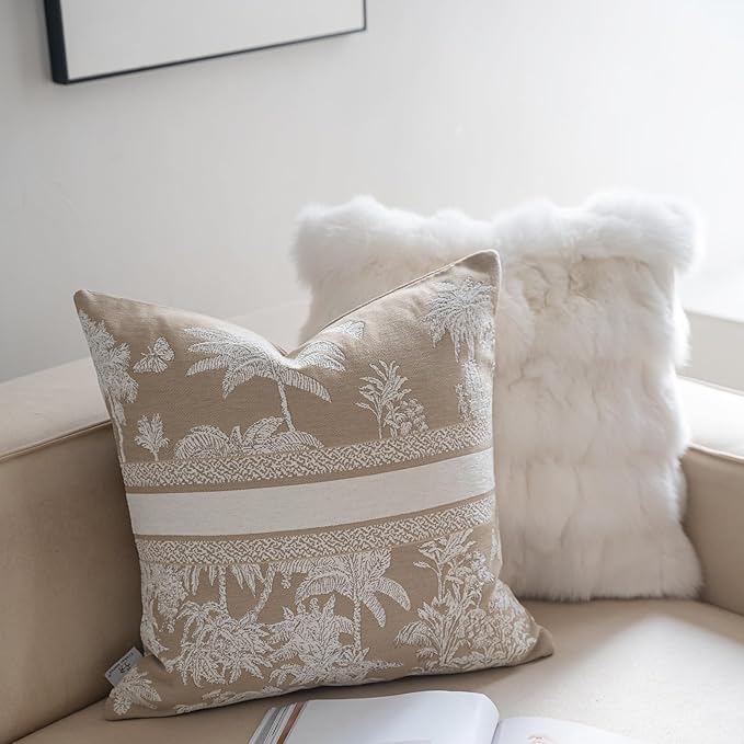 Premium Throw Pillow Covers 22x22 Inches - Oatmeal Jungle with White Palm Tree Chenille Jacquard Embroidery Decorative Couch Pillow Covers for Living Room Bedroom Sofa