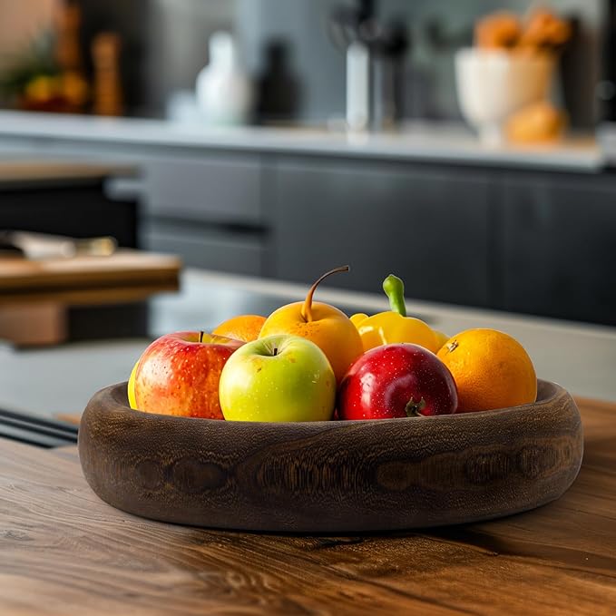 Wooden Decorative Bowls, 13 Inch Round Paulownia Wood Centerpiece Bowls for Home Decor, Blackened Fruit Bowl for Coffee Table, Key Tray for Entryway Moss Holder (Black)
