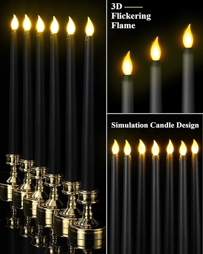 Funtery 48 Pcs Black Flameless Taper Candles 11 Inch Halloween Battery Operated Candles Bulk LED Candlesticks Flickering for Halloween Party Indoor Decoration