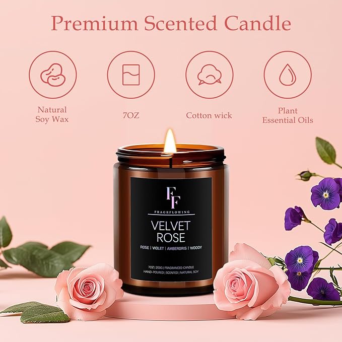 Velvet Rose Candle, Scented Candle for Home Soy Wax Candle, Aromatherapy Candle Gift for Women Men, 7oz