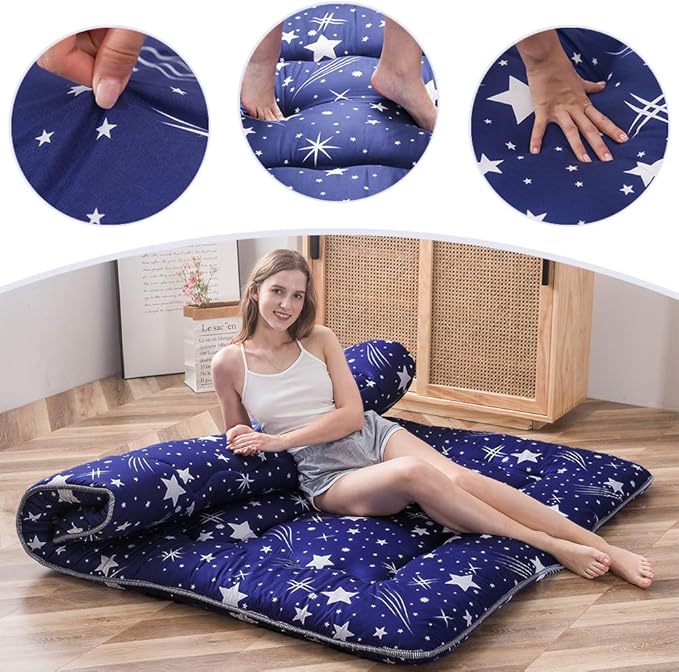 MAXYOYO Navy Starry Sky Japanese Futon Mattress, Tatami Mat Portable Camping Mattress, Kids Sleeping Pad, Foldable Roll Up Floor Lounger Couch Bed, Twin Size with Cover