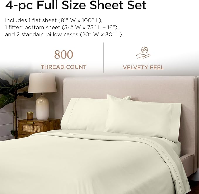 Threadmill Luxury 800 Thread Count Full Size 100% Cotton Sheets - Ivory Sateen Weave Bed-Sheets, Better Than Egyptian Cotton, 4 Pc Solid Bed Set, Fits 16" Deep Pocket