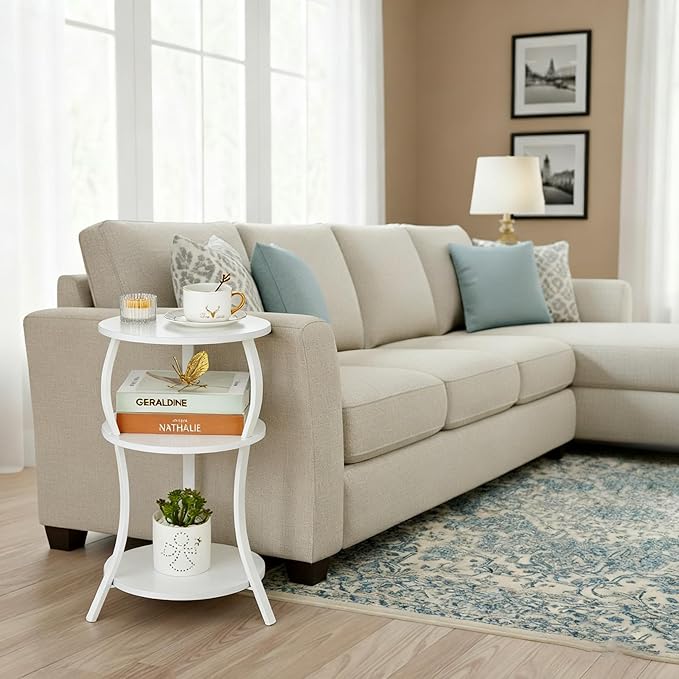 Vintage Small Round Side Table, 3-Tier Slim Waist Circular End Table with Storage Shelf, Compact Tea Sofa Table, Round Corner Coffee Table Nightstand for Living Room Bedroom Small Spaces,White