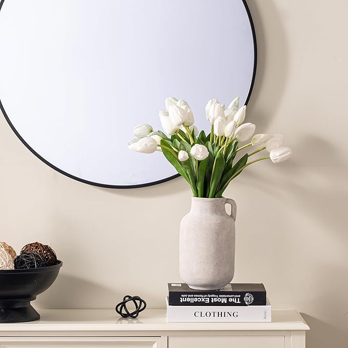 Ceramic Flower Vase Home Decor - 9.7 inch Large White Rustic Table Flowers Vases Living Room Bedroom Plant Decoration Farmhouse Vintage for Kitchen Shelf Office Coffee Dining Desk House Women
