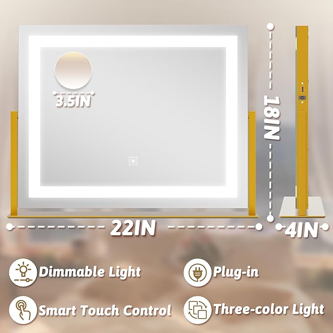 Vanity Mirror with Lights 22"x18", Lighted Makeup Mirror with 10X Magnification, Smart Touch 3 Colors Dimmable, 360° Rotation, Women Gift, Dresser Mount, Bathroom (Gold)