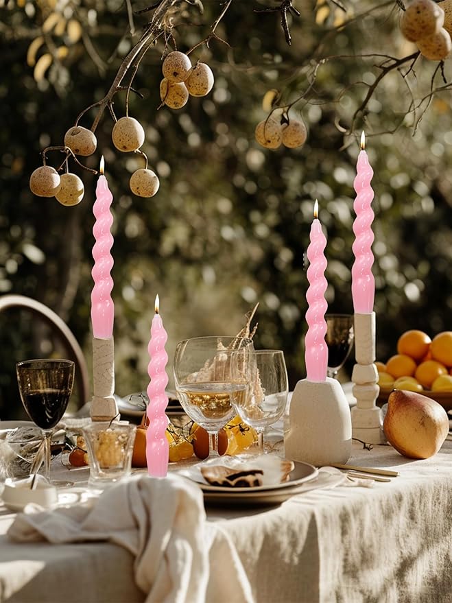 Pink Spiral Taper Dinner Candles Conical Stick Candles Wax Unscented Dinner Candle Dripless for Home Decor, Relaxation Set of 4（7.6" Baby Pink）