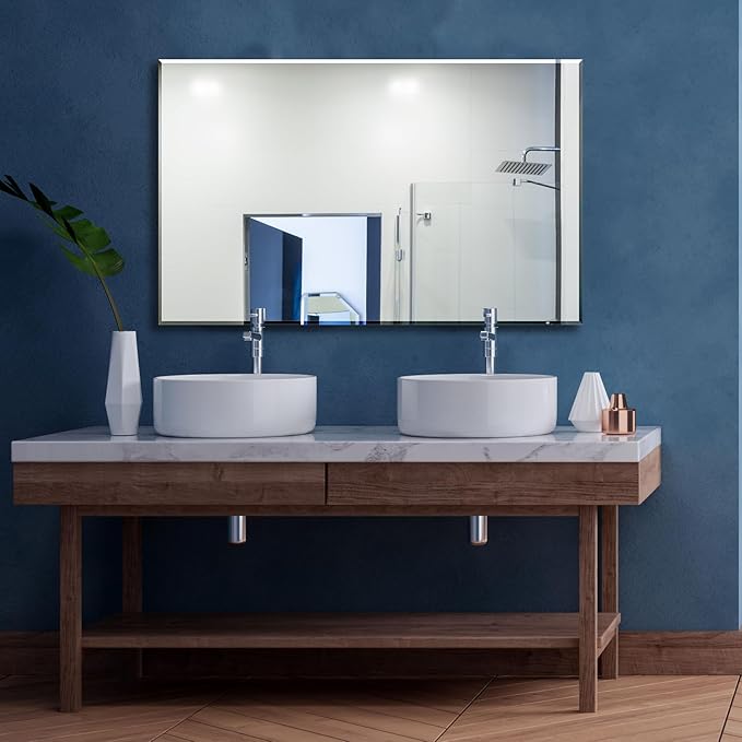 Ruomeng Rectangle Wall Mirror Frameless Bathroom Mirror 48” x 30" Beveled Edge Mirror for Vanity and Entryway