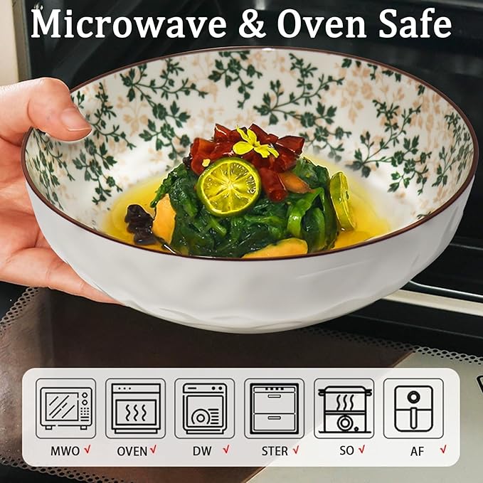 10"Ceramic Large Salad Serving Bowl with Serving Utensil & 7.8"Round Rattan Tray with Mother of Pearl Inlay for Vegetables, Fruit, Baking, Dessert, Kitchen, Party Diy, Pre Meal and Serve Dishes