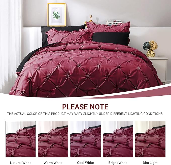 JOLLYVOGUE Burgundy Cal King Size Comforter Sets 7 Pieces, Pintuck Bed in a Bag Comforter Set for Bedroom, Bedding Comforter Sets with Comforter, Sheets,Ruffled Shams & Pillowcases