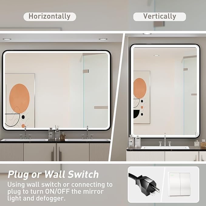 48x36 Inch LED Bathroom Mirror with Lights, Vanity Lighted Black Framed Mirror Anti Fog Stepless Dimmable,Wall Mounted Light up Mirror (Horizontal/Vertical)