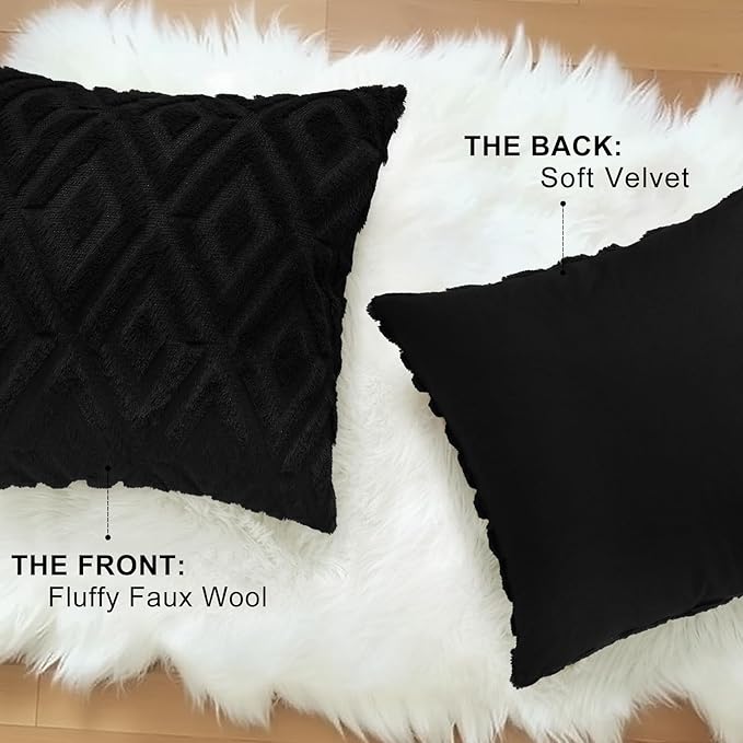 decorUhome Couch Throw Pillow Covers 24x24 Set of 2, Decorative Soft Plush Faux Wool Neutral Accent Pillow Covers for Bed Sofa Living Room, Black