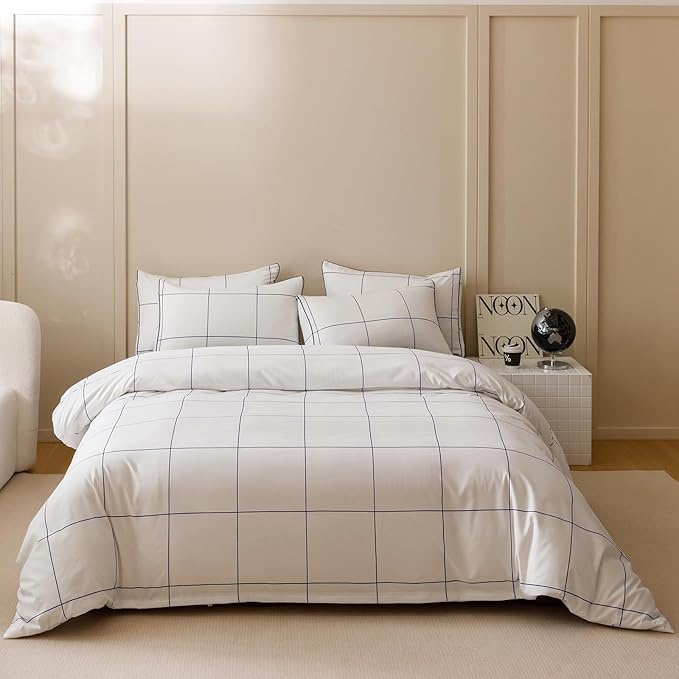 KAREVER White Grid Comforter King Women Navy Blue Square Lines Checkered Bedding Set White Plaid Comforter King Size