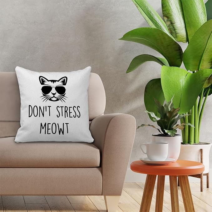 Funny Pillow Covers 18x18, Funny Cat Gifts - Don't Stress Meowt