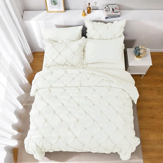 JOLLYVOGUE Ivory King Size Comforter Sets 7 Pieces, Pintuck Bed in a Bag Comforter Set for Bedroom, Bedding Comforter Sets with Comforter, Sheets, Ruffled Shams & Pillowcases
