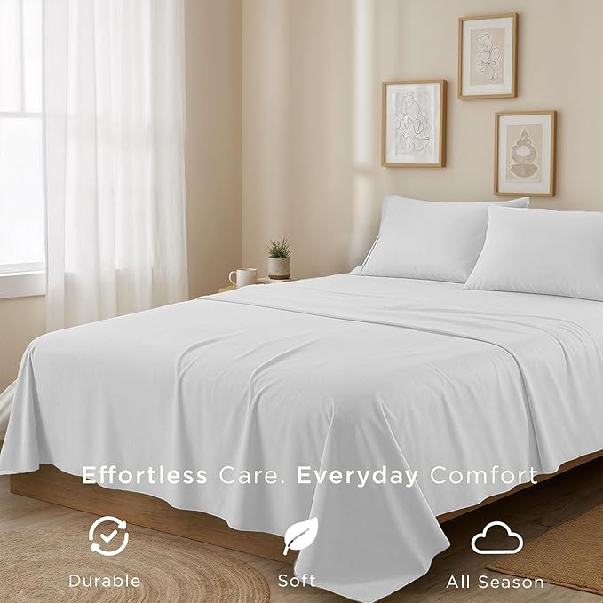 Threadmill Cotton Twin XL Sheet Set | 100% Cotton Sheets for Twin XL Size Bed | Solid Sateen Bed Sheets Set with 16” Deep Pocket | Soft Breathable 3-Piece Cooling Sheet Set | White