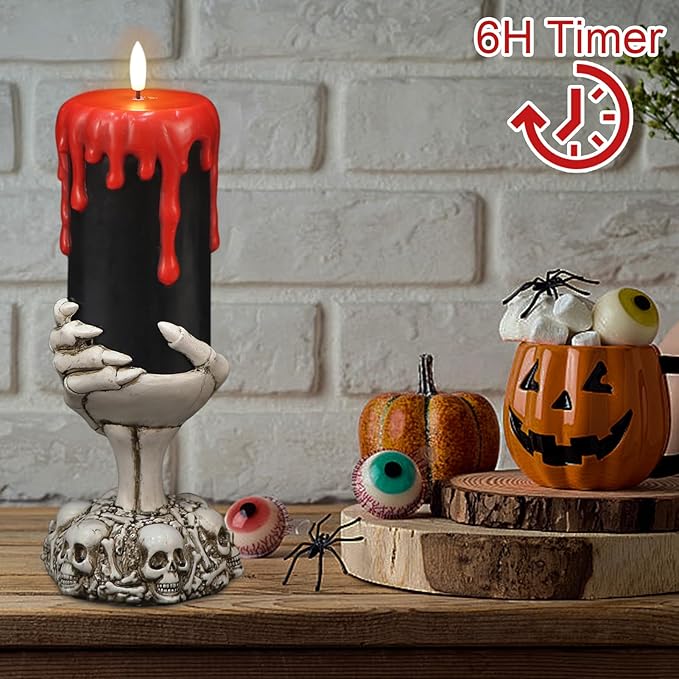 DRomance Black Flameless Flickering Candles with Timer, Blood Dripping Wax Effect Battery Operated LED Pillar Candle with Skeleton Hand Candle Holder Halloween Table Centerpiece Decor(4" x 11")