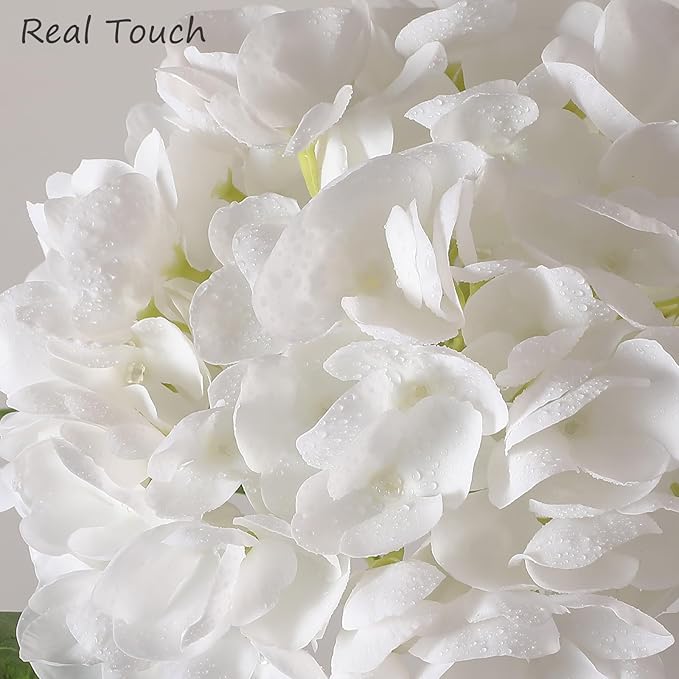 Nubry 22.44In White Hydrangea Artificial Flowers, 3Pcs Latex Faux Real Touch Large Hydrangea Flowers with Long Stems & Leaves for Home Office Decor Wedding Party Arrangements(White)