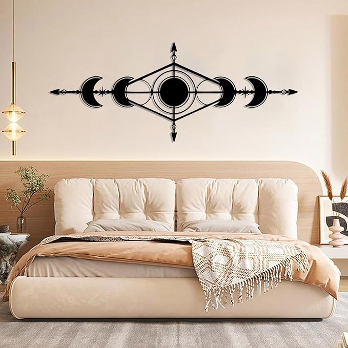 Hfrolixit Moon Phase Metal Wall Decor, Boho Moon Metal Wall Art, Celestial Wall Decor, Scandinavian Natural Wall Art, Astrology Wall Hanging (White, 24"x9"/60x24cm)