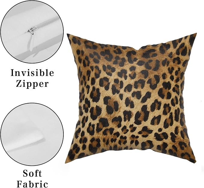 Brown Leopard Throw Pillow Cover - 2 Pcs Cheetah Animal Print Pillows Covers 16x16 inch Soft Bed Decorative Pillow Case for Home Couch Sofa Outdoor Decor