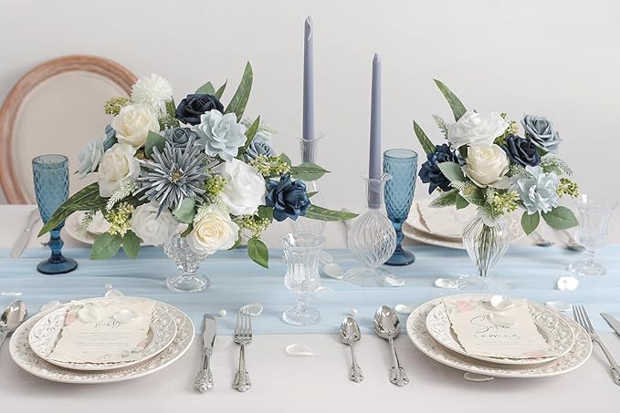 Blue White Artificial Flowers Silk Fake Roses Peonies Greenery Combo Box Set for DIY Wedding Bouquets Bridal Shower Centerpieces Floral Arrangements Party Tables Home Decoration