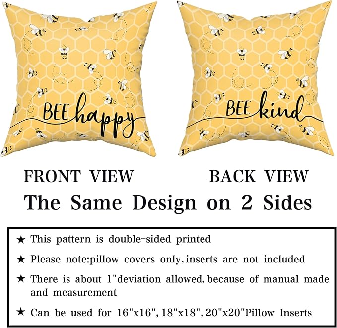 Giwawa Summer Pillow Covers Set of 2-16x16inch Bee Happy Decorative Square Pillowcases - Yellow Honeycomb Farmhouse Throw Cushion Cover for Sofa Couch Indoor Outdoor Living Room