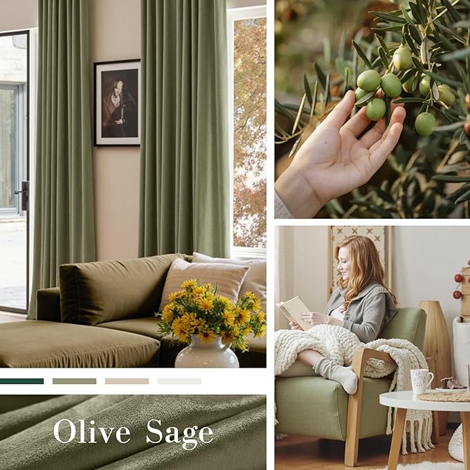 Lazzzy Velvet Blackout Curtains Thermal Insulated Room Window Drapes Super Soft Luxury Curtains for Living Room Bedroom Rod Pocket 2 Panels, Olive Sage, 52" W x 84" L