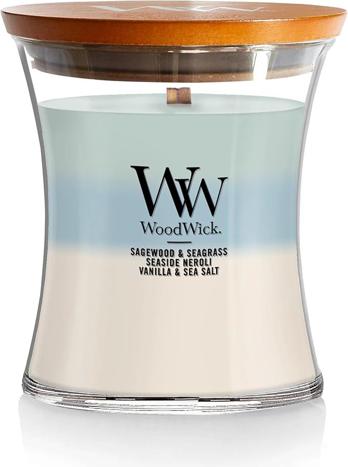 WoodWick Oceanic Scented Trilogy Medium Hourglass Candle, Crackles at it Burns, Perfect for Gifting, 9.7oz