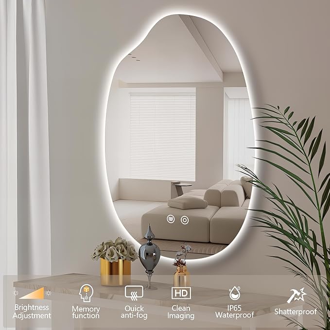38"x26" Asymmetrical Led Mirror for Bathroom, Irregular Backlit Vanity Mirror with Lights, Frameless Smart Mirror, 3 Colors Stepless Dimmable, Anti-Fog, Memory, CRI95+, Horizontal/Vertical