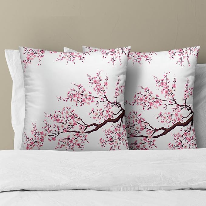 Cherry Blossom Throw Pillow Cover - Japanese Decorative Pillowcases 20x20 Inch Set of 2 Pink Flower Pillow Cases with Hidden Zipper Home Cushion Decorative