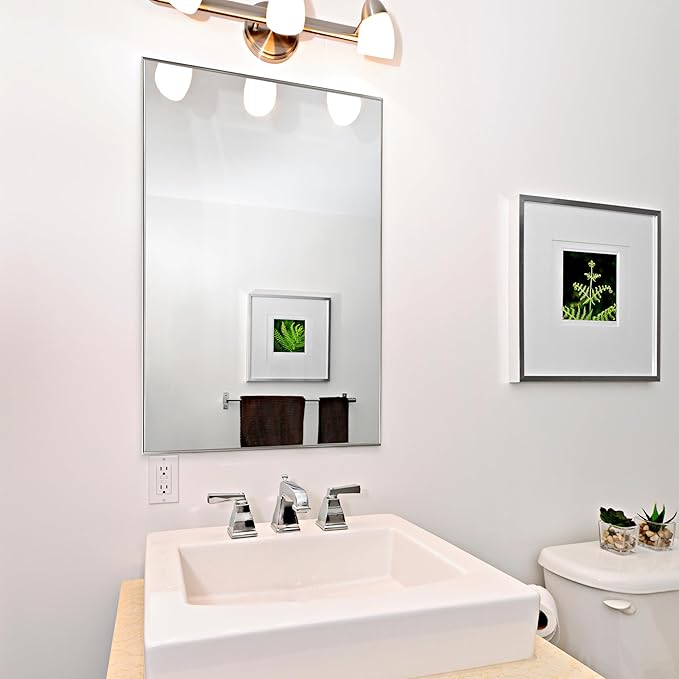 Frame My Mirror Silver Metal Framed Mirror, 26" x 32" Mirror for Bathroom, Metal Frame, True Reflections Glass, Satin Nickel Finish, Stanton Design, Hangs Horizontally or Vertically, Made in USA
