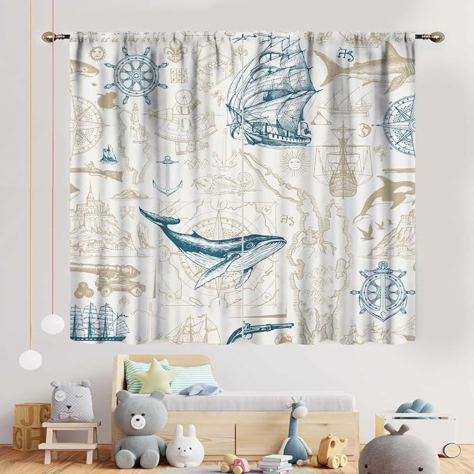 Vintage Nautical Curtains, Marine Coastal Sailboat Compass Anchor Ocean Beach Whale Old Pirate Map Decorative Drapes for Bedroom Living Room Kitchen Bathroom Window 2 Panels Set, 84"x84" Inch