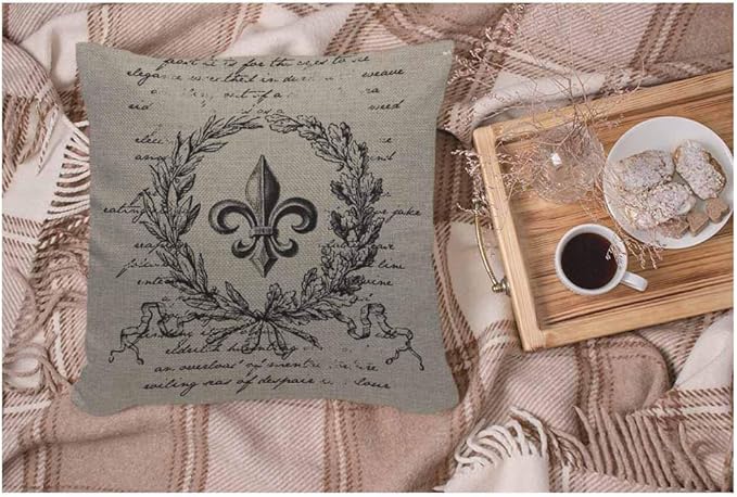 WONDERTIFY Throw Pillow Cover Case Fleur De Lis Flower Vintage Style with Retro Letter - Soft Linen Pillow Case for Decorative Bedroom/Livingroom/Sofa/Car - Couch Pillow Cushion Covers 18x18 Inch