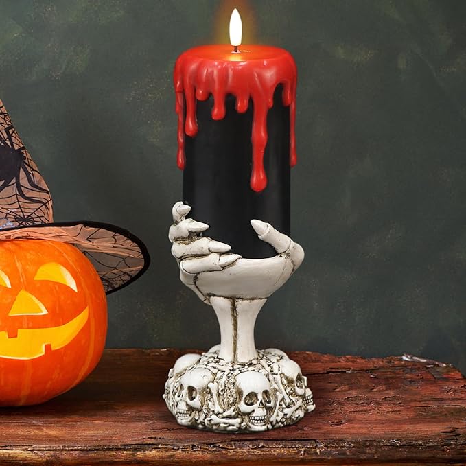 DRomance Black Flameless Flickering Candles with Timer, Blood Dripping Wax Effect Battery Operated LED Pillar Candle with Skeleton Hand Candle Holder Halloween Table Centerpiece Decor(4" x 11")
