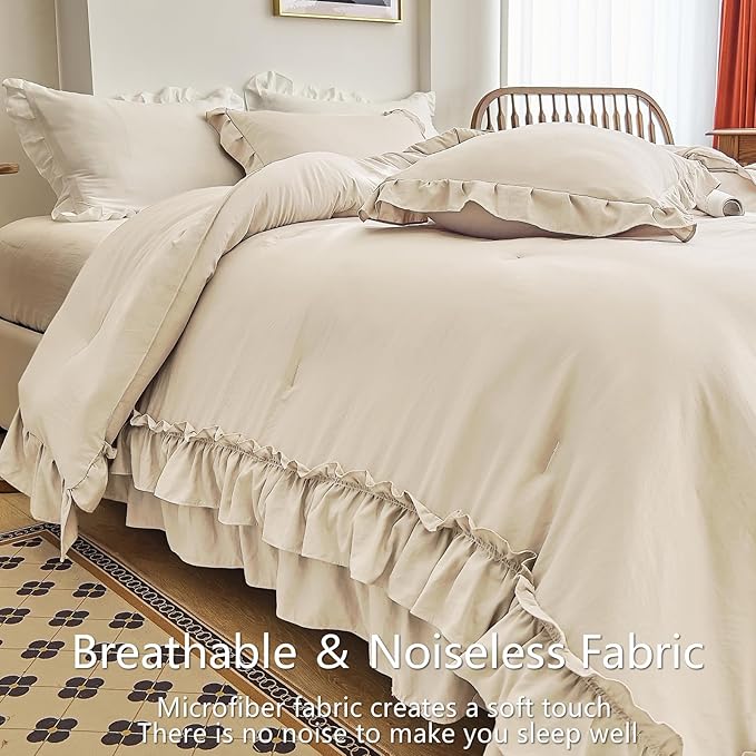 AIKASY Camel Ruffle Comforter Queen, 3 Pieces Vintage Ruffle Fringe Comforter, Farmhouse Rustic Microfiber Down Alternative Bedding Comforter Set (1 Comforter + 2 Pillow Shams)