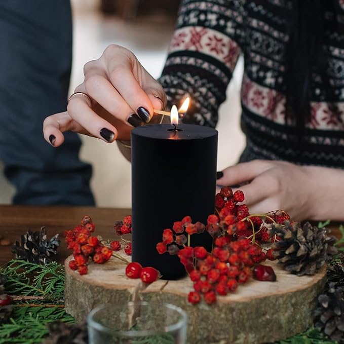 Set of 3 Different Sizes Black Pillar Candles, Unscented Dripless 2.75x3, 2.75x4, 2.75x6 Inch Cylinder Column Wax Long Burning Candles for Halloween Home Power Outage Emergency Dinner Table Decoration
