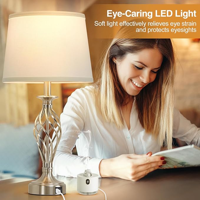 Table Lamp for Bedroom Set of 2 with USB C+A Ports, Modern Bedside Lamps with Spiral Cage Base, White Fabric Shade, Nightstand Lamp for Living Room Reading Bed Side End Table, 2 LED Bulbs Included