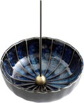 Asayu Japan Lotus Incense Holder for Sticks 4.1 inch (105 mm), Traditional Made in Japan Ceramic Ash Catcher and Brass Incense Burner Set - Navy Dark Blue Lotus