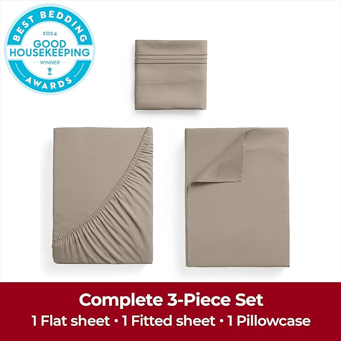 Mellanni Extra Deep Twin XL Sheets - 3 PC Iconic Collection Bedding - Hotel Luxury, Ultra Soft, Cooling Bed Sheets - Wrinkle, Fade, Stain Resistant (Twin Extra Long, Tan)