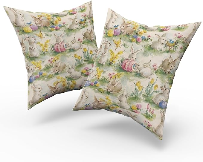 Giwawa Easter Throw Pillow Covers Set of 2 Vintage Bunny Egg Hunt Pillowcases 20x20inch Farmhouse Spring Rabbit Floral Double Sided Cotton Cushion Covers for Sofa Couch Chair Patio Bedroom Decor