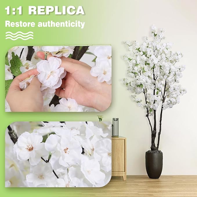 Artificial White Cherry Blossom Tree 6ft(72in) Faux Floor Green Plant for Indoor Decor Natural Potted Tree Realistic Cherry Flowers Wood Trunk for Home Living Room,Office Perfect Housewarming Gift