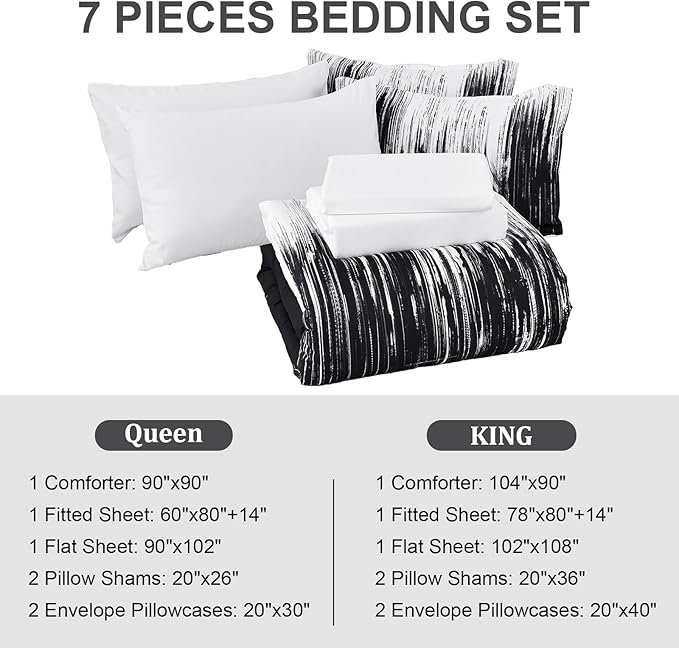 Dinjoy Ombre Black Comforter Set King Size Gradient Black White Boho Bedding Set for Teen Men Women 7 Pieces Bed in A Bag Bohemian Bed Set with Comforter, Sheets, Pillowcases & Shams