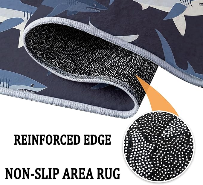 Washable Area Rug for Living Room 5x8 ft Cartoon Shark Dark Blue 3D Print Decor Carpet, Non Slip Stain Resistant Large Area Rugs, for Bedroom Dining Room Office