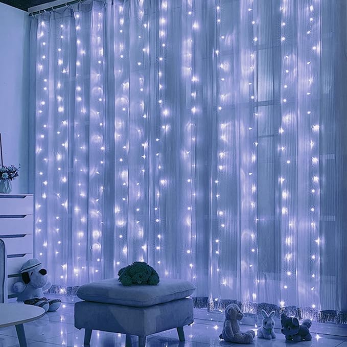 HOME LIGHTING Window Curtain String Lights, 300 LED 8 Lighting Modes Fairy Copper Light with Remote, USB Powered Waterproof for Christmas Bedroom Party Wedding Home Garden Wall Decorations, Cool White
