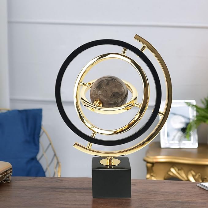 Homary Modern Abstract Art Decoration Metal Globe Ornament Sculpture Decor with Rectangle Stand Black & Gold