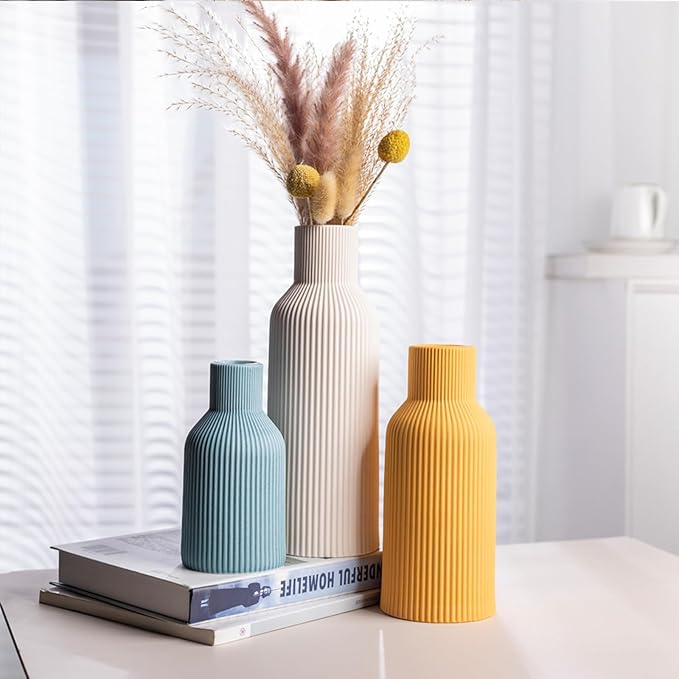 Colorful Ceramic Vases Set of 3, Colorful Ribbed Decorative Vases - Table Centerpieces for Wedding, Living Room, Office & Shelf Decor